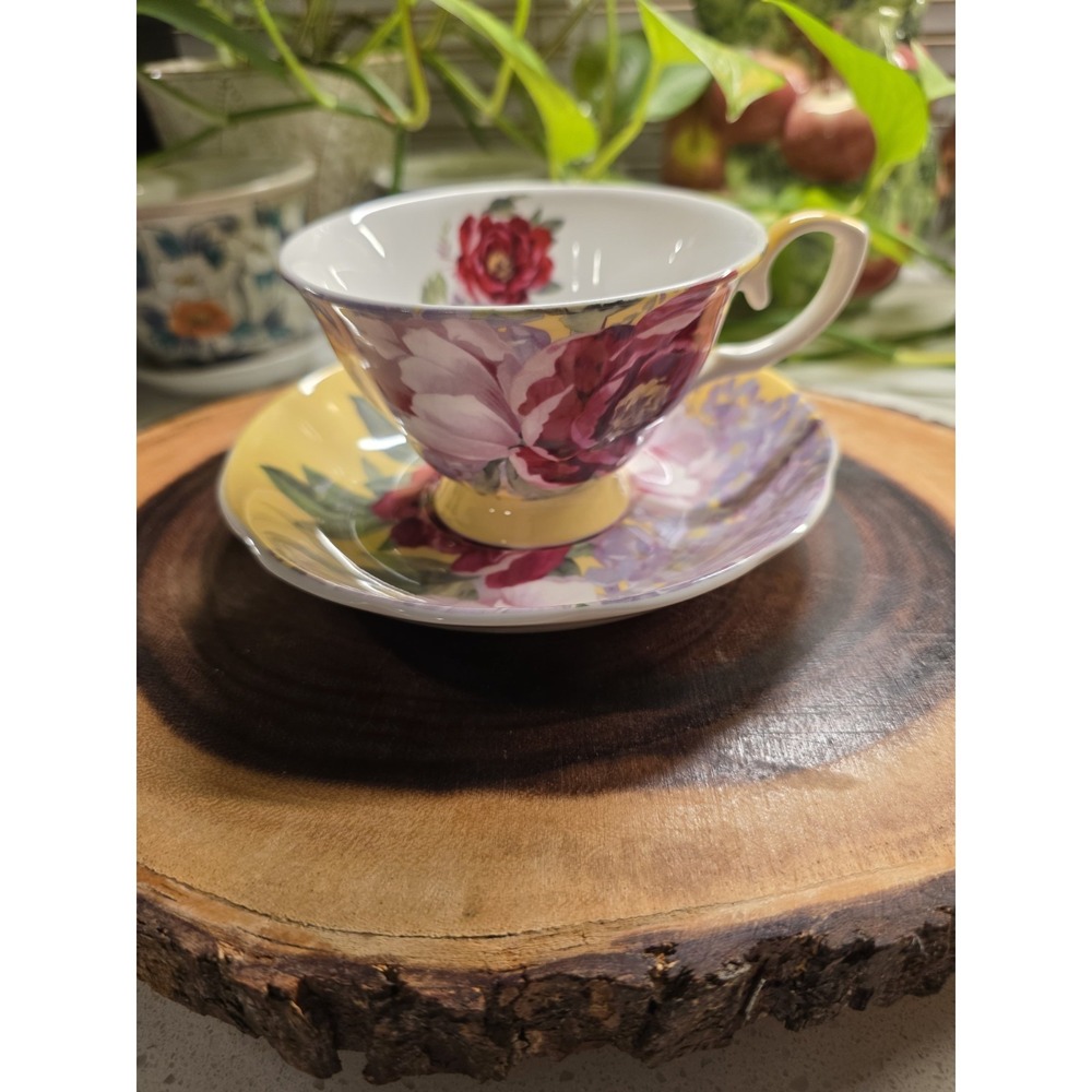 Stechcol‎ Gracie Floral Footed Cup & Saucer Fine Bone China Peony/cabbage Rose
